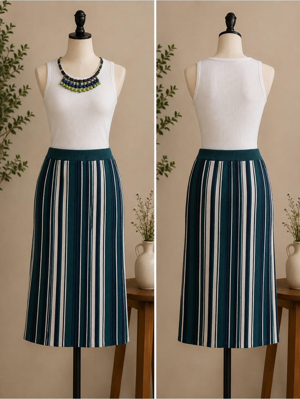 Striped Teal and White Maxi Skirt with Navy Accents